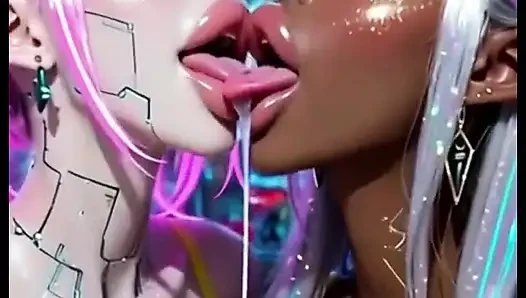 Komik lezbiyenler dil ve öpücük fetişi, ai animasyon