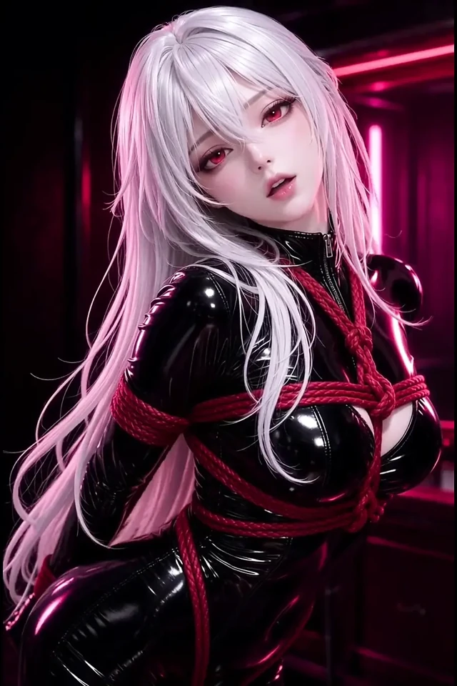Anime esareti, beyaz saç, siyah lateks kırmızı ipler