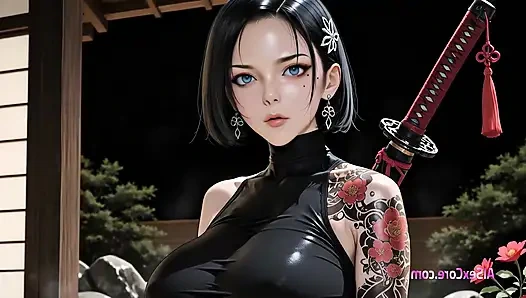 Samurai-babe kler av seg mens sverdet hennes glitrer, og blir deretter festet og gjennomvåt i dampende sæd (AI Sex)