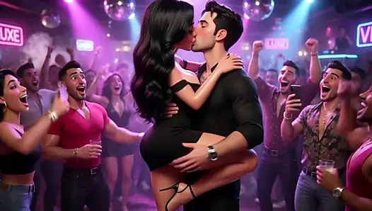 Güzel kadın canlı kulüpte erkeklerle dans eden ve dört ayak üzerinde tamamen çıplak hale gelen heyecan verici gecenin tadını çıkarıyor