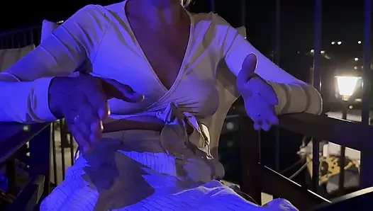 My beautiful breasts and pierced nipples are exposed in a night out bar by the sea