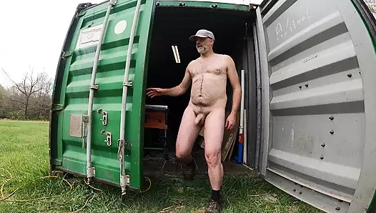 Jon Scarecrow masturbates uncut cock in the workshop exhibitionist