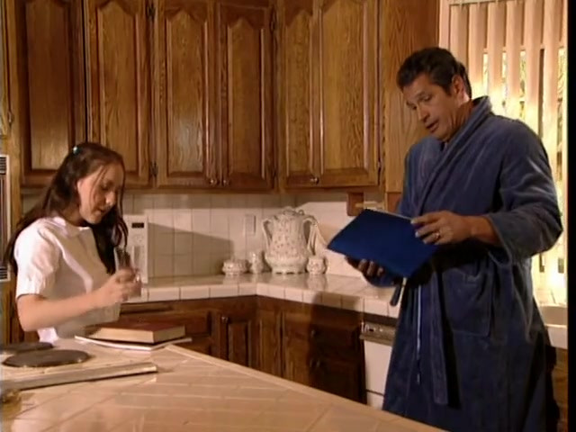 Slutty schoolgirl stops her studying and fucks older dude in the kitchen