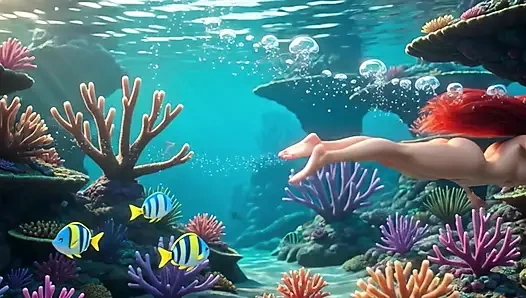 Şehvetli olgun Ariel uzun insan bacakları ve fantezideki zarif pozlarla büyülü sualtı mağarasını keşfediyor