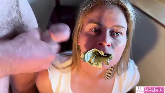 Pretty slut stuffing her pussy with money, blowjob and facial