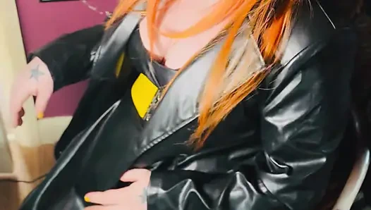 The Gothic Cutie Tina Snua Dressed In a Leather Coat & Smoking A Cork 100 Cigarette - Ginger Miss Smokes In A Leather Outfit OME