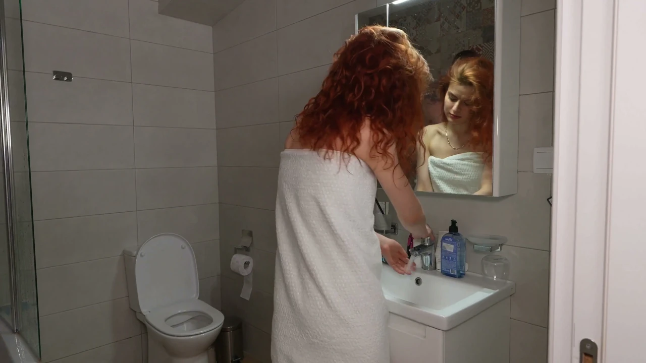 Towel off in the Bathroom Then Hard Sex on the White Bed
