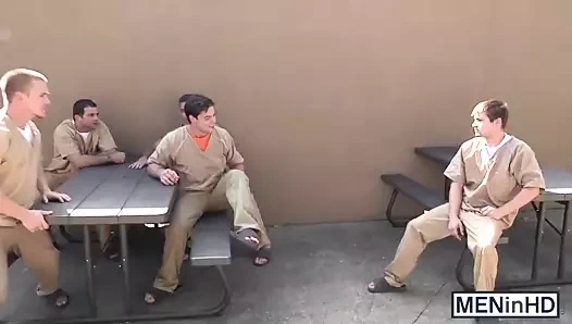 Gay guys have an orgy in the prison yard