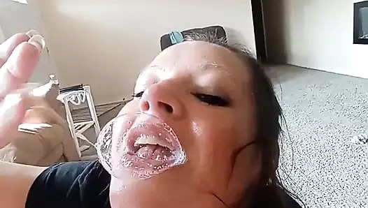 BLUE EYED BRUNETTE BLOWING BABY BUBBLES KEEPS IT IN THROAT WHOLE TIME!