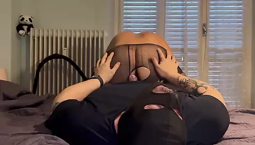 He uses his wife's pantyhose to turn on cock and she makes him cum