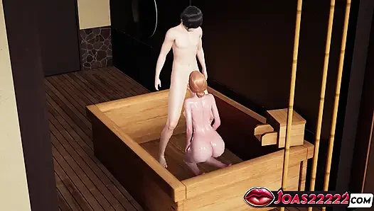 Mai anime çoraplı 3 boyutlu animasyon - büyük memeli meme muamelesi, sandalyede elle muamele, sansürsüz hentai'de sakso yüze boşalma
