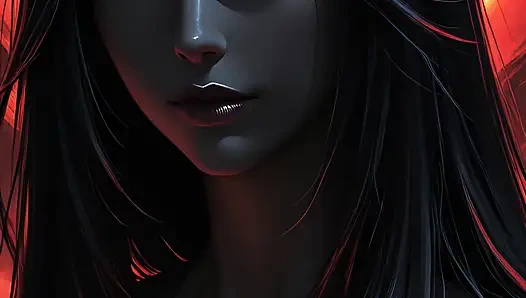 Jet siyah saçlı ve amber gözlü gölge suikastçı savaşçı kadın karanlık fantezi portre ai art slayt gösterisi