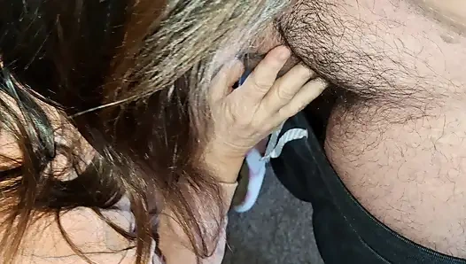 Granny sucks my dick, and I shoot my cum on her feet