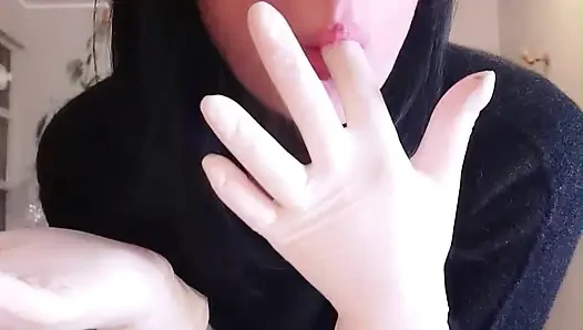 i'm hungry now eating salmon WHITE LATEX GLOVES GODDESSLOLLI