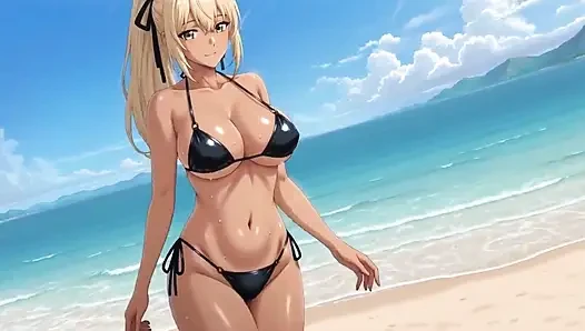 Yaramaz sarışın teşhirci: bikini striptiz ve plajda solo orgazm ai