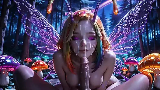 Pixie mantarlı sis içinde yumuşak inliyor sonra kremsi yüze boşalmalar peri yanaklarını sihirle duş alıyor (AI)