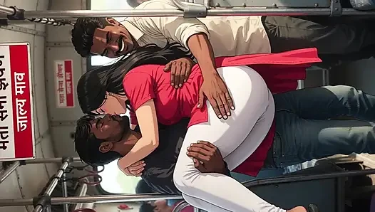 İri göğüslü tombul Hintli güzel kadın kalabalık otobüste istekli erkekler tarafından kaldırılıyor ve taşınıyor - çizgi film ai videosu