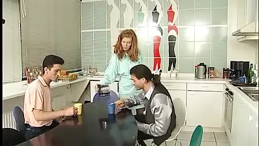 Blonde girl gets hairy pussy fucked hard as se sucks another dick to a cumshot