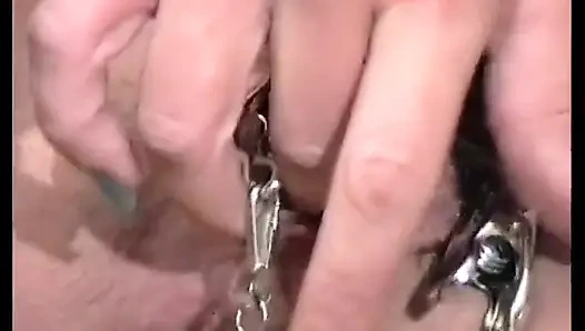 Hairy milf in sexy stockings fills her pussy with everything she has