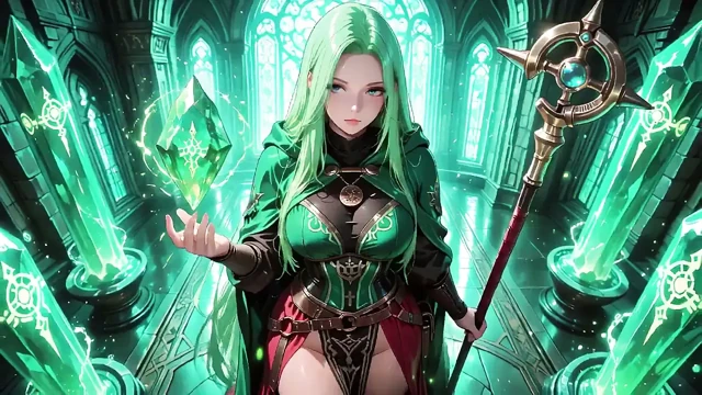Gotik bir katedralin ethereal mavi parıltısı altında, personeliyle diz çöker, gözleri sana kilitli.