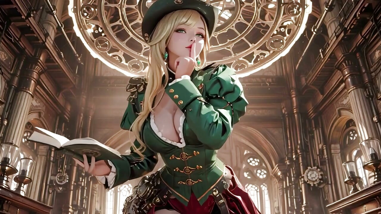 Steampunk Sarışın Sekreter! Dev dişlilerin arasında tembel pozlar, gözlüklerini ayarlarken baştan çıkarıcı bakışlar.