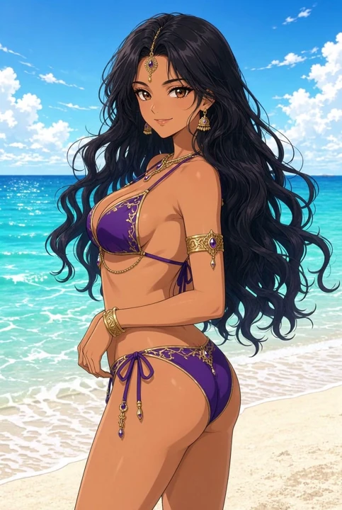 Lilavati Anime Plaj Bikini Omzunun Üzerinden Geriye Bakıyor, Saçları Dalgalanıyor
