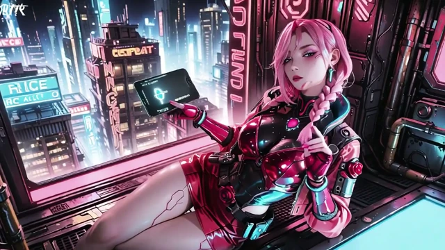 Pembe saçlı Mekanik Savaşçı! Neon sokaklarda diz çökmüş, Kırmızı Gül & Soğuk Zırh Kontrastı, Parmak uçları köprücük kemiklerini okşuyor.
