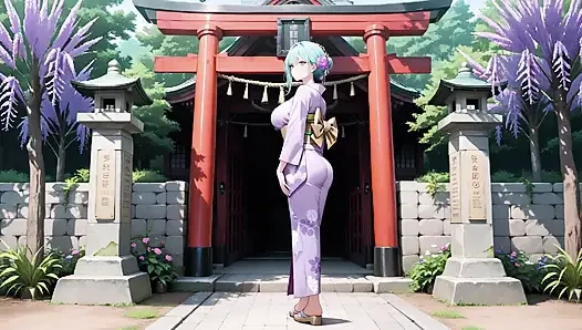 Mor kimono tanrıçası! Kırmızı Torii kapısının altındaki ıslaklığı kaldıramıyorum
