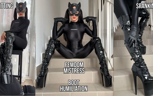 Naylon kedi kıyafeti ve diz yüksek çizmeli sahibe seni aşağıladı