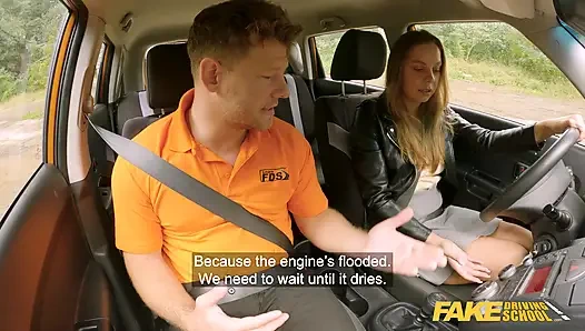 Sahte sürücü kursu - sarışın orta yaşlı seksi kadın Julia Parker arabada sakso çekiyor ve açık havada kaput üzerinde sikiliyor sansürsüz halka açık seks