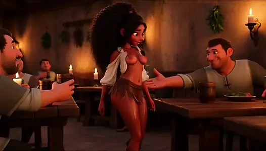 Ateşli şehvetli platin sarışın barmen neşeli patronlarla büyük memeli ortaçağ fantezi tavernasında flörtöz vahşi gece