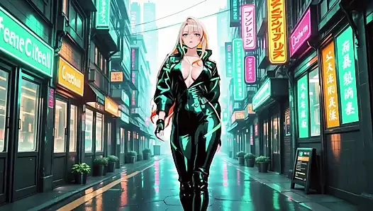 Neon Yağmur Gecesi! Islak deri çömelmiş sarışın ajan düşük, holografik parıltı ve soğuk bakışlar.