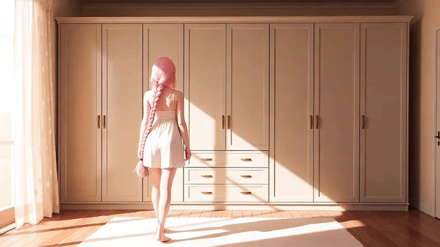 Şehvetli pembe saçlı tatlı kız açık havada yatak odasına doğru yürüyüş yapıyor