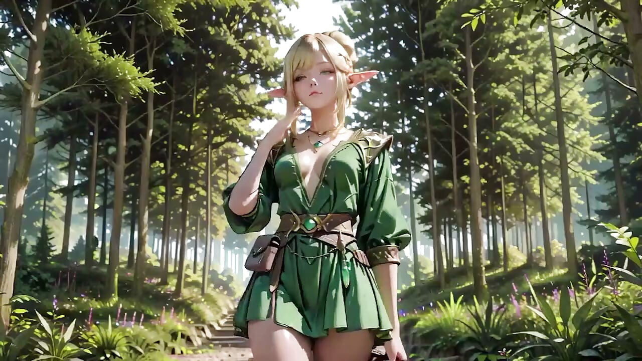 Forest Elf Queen! Devrilen güneş ışığında diz çöküp, ıslandıkçe parmak uçları personeli izliyor.