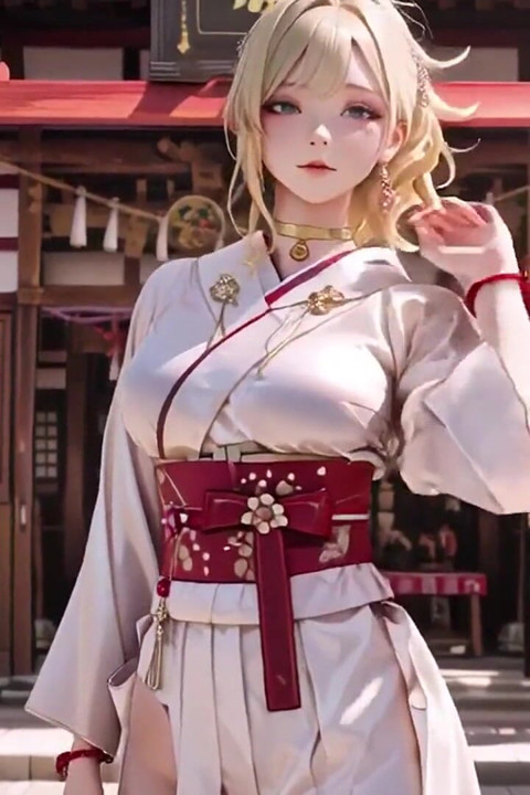 Sarışın Kimono kızının tapınak sırrı! Bej modifiyeli kimono içinde Torii kapısının altında diz çöküp kalkıyor