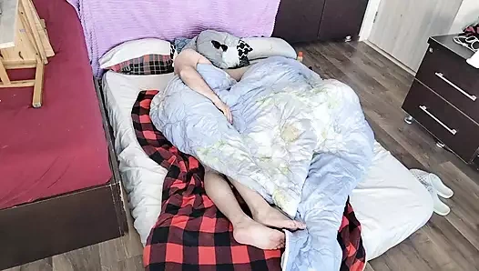 Foreplay in the bedroom with an amateur couple. Amateur MILF does naked yoga, hairy pussy, big ass, big tits.