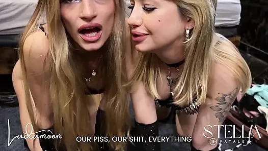 Çift sarışın kadın egemenliği bakış açısı yıkım stella fatale Fransız takma yarakla ve aşırı köle aşağılaması