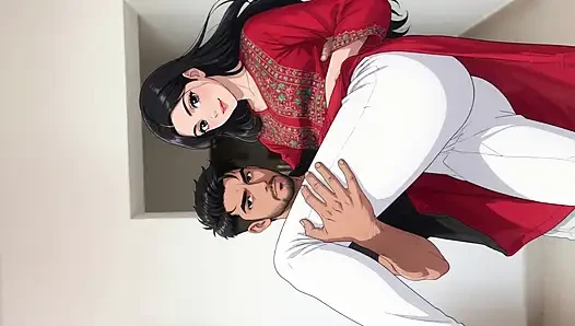 İri göğüslü tombul Hintli güzel kadın kalabalık otobüste istekli erkekler tarafından kaldırılıyor ve taşınıyor - çizgi film ai videosu