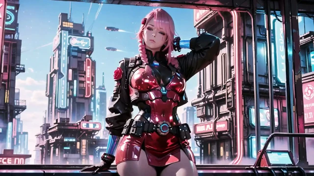 Pembe saçlı mech warrior! Neon sokaklarında diz çöküşü, red rose ve soğuk zırh karşıtlığı.