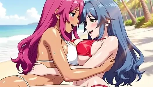 Two busty girls enjoy lesbian sex at private beach vacation