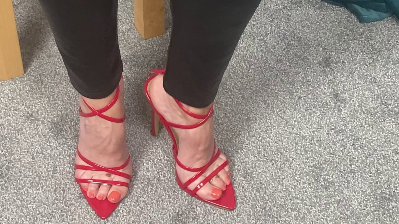 Mrs Mature Feet wearing extremely tight leather trousers and killer heels