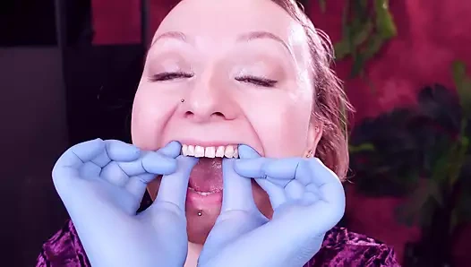 Face and Teeth Fetish Touch: Asmr Video in Blue Medical Mitrile Nurse Gloves. Arya Grander