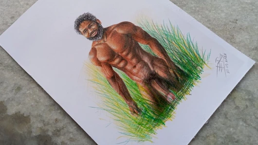 Erotic Art Or Drawing of A Muscular Indian Desi Man exhibition his Big Black Cock outdoors among the Grasses