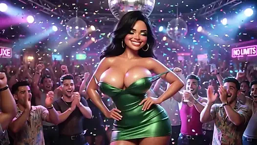 Güzel kadın canlı kulüpte erkeklerle dans eden ve dört ayak üzerinde tamamen çıplak hale gelen heyecan verici gecenin tadını çıkarıyor