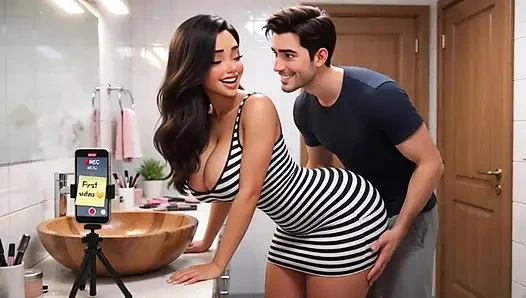 Une femme pulpeuse et son ami enregistrent leur première vidéo intime ensemble seuls à la maison dans la salle de bain (ia générée)