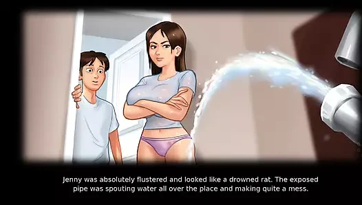 Summertimesaga öğretmenin göğüslerini, üvey kız kardeşinin büyük göğüslerini ve duşta iki kızı yakaladı