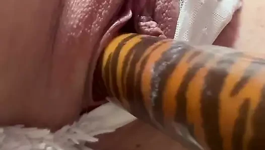 Sıkı sulu güzel amcığımla dildoyla ve klitorisini ovarak oynuyorum