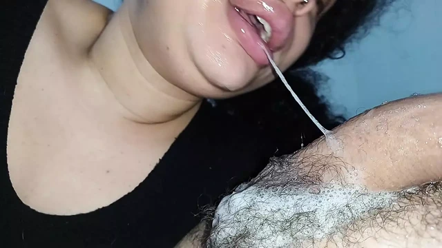 THIRSTY AND DEEP THROAT, slut loves to roll her little mouth on the stalk of his hard cock