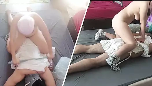 Sensual massage of a hot couple with oil on the body. Foreplay in the bedroom with an amateur couple.