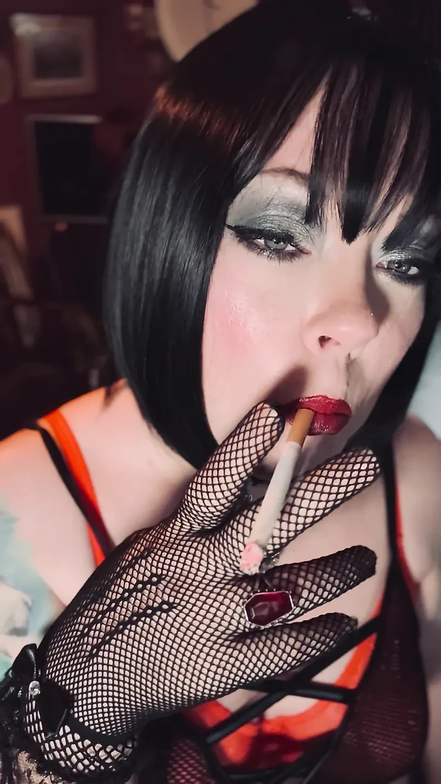 Smoking Mistress Tina Snua Chain Smokes 2 Superking cigarettes In Fishnet Gloves - Smoker smoke BBW Chubby